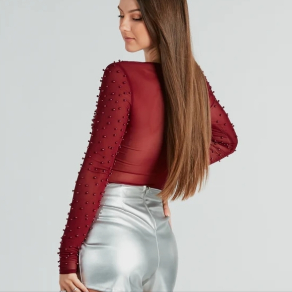 Burgundy Faux Pearl Corset Bodysuit - Picture 4 of 6